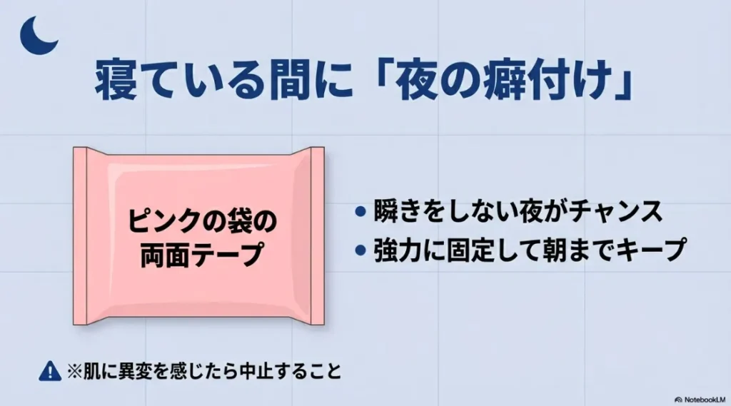 ピンクの袋の両面テープを使い、瞬きをしない夜に強力固定して癖付けするコツ