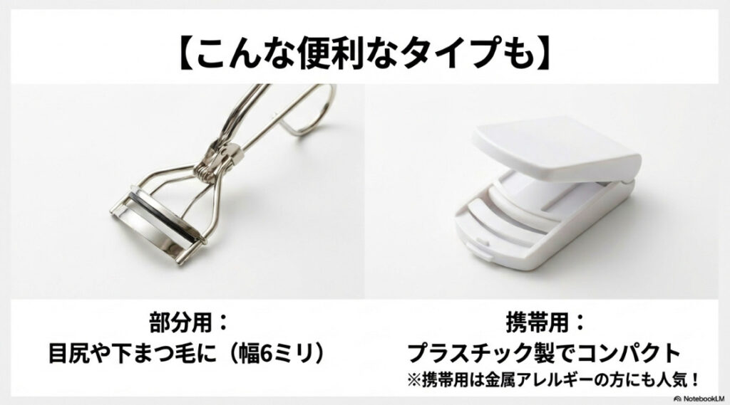 目尻や下まつ毛に使いやすい幅6ミリの部分用と、金属アレルギーの方にも人気のコンパクトな携帯用を紹介するスライド