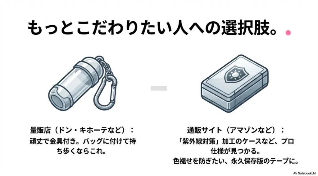 外出用のドンキ製ホルダーや、永久保存に適したAmazonの紫外線対策ケースなどの選択肢