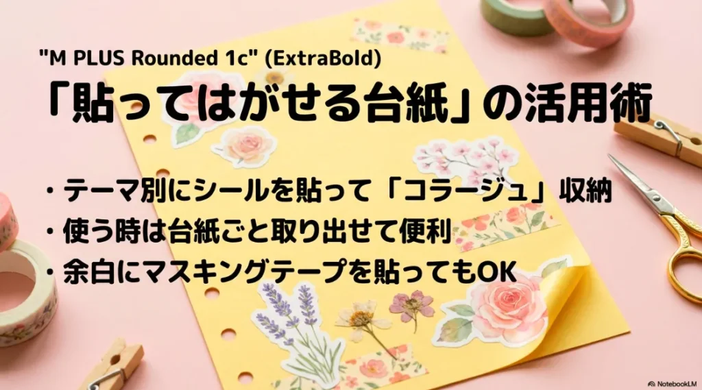 テーマ別にコラージュ収納し、使う時は台紙ごと取り出せる特殊な「貼ってはがせる紙」の紹介