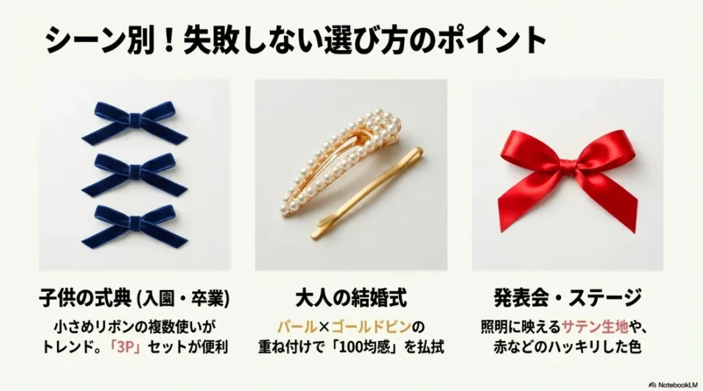 入園式・卒業式のリボン複数使い、結婚式のパール×ゴールド、発表会のサテン生地などシーン別の選び方