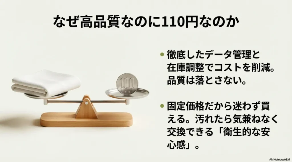 徹底したデータ管理によるコスト削減と衛生的な安心感を解説するスライド