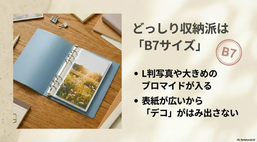 L判写真やB7ブロマイドが入り、表紙デコもはみ出さないB7サイズバインダーの解説