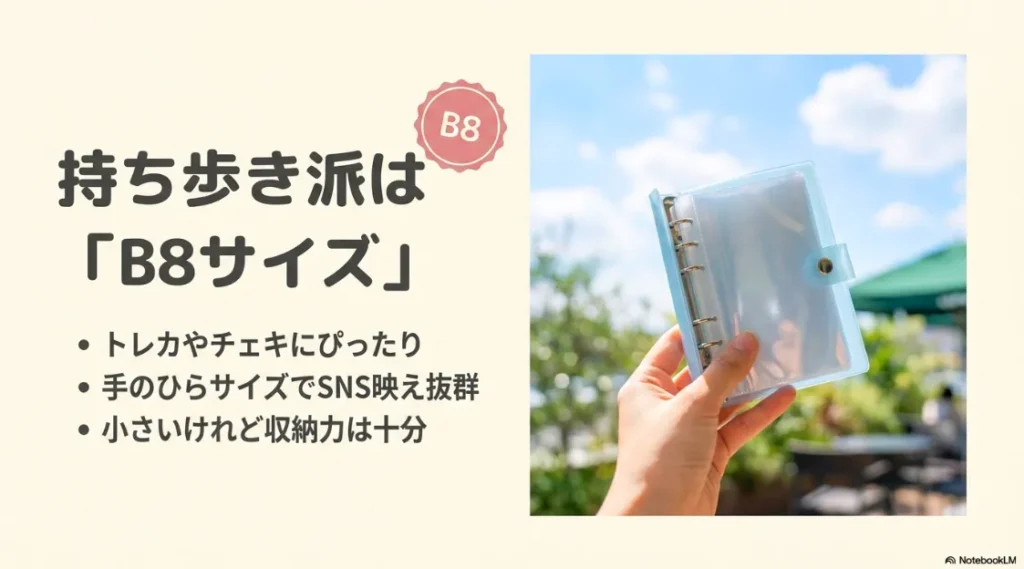 トレカやチェキにぴったりでSNS映えする手のひらサイズのB8バインダーを手に持っている様子