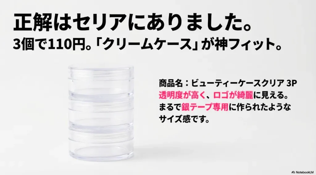 セリアの3個110円クリームケース「ビューティーケースクリア3P」が銀テープに神フィットすることを紹介