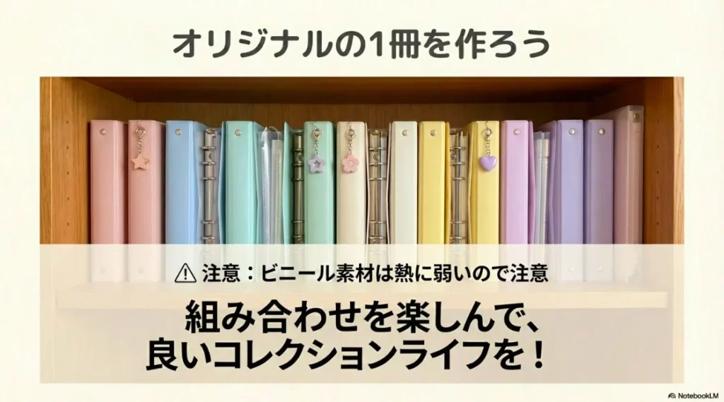 色とりどりのバインダーが並んだ写真と、ビニール素材の熱への注意喚起のメッセージ