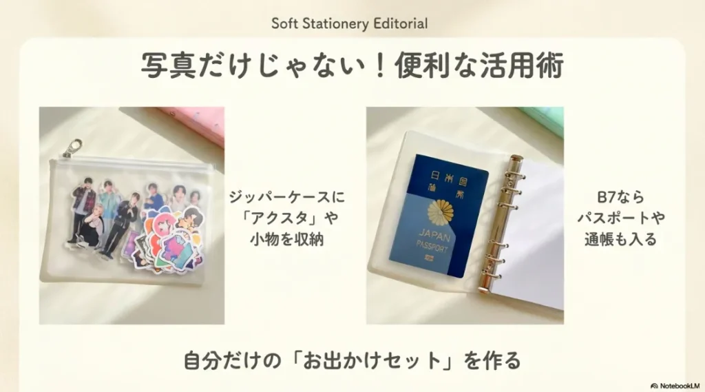 ジッパーケースにアクスタを収納したり、パスポートや通帳を入れたりする活用アイデア