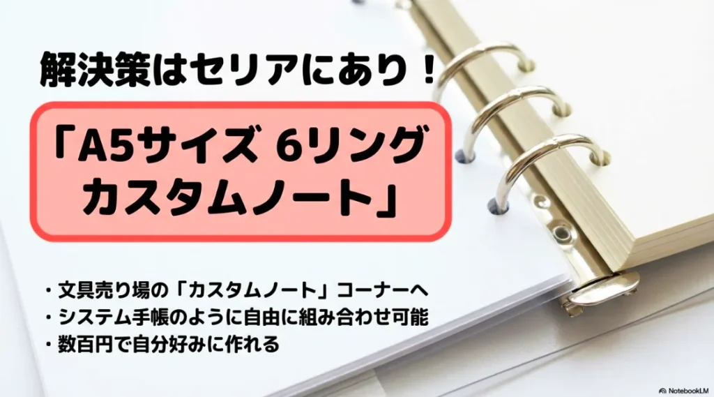文房具売り場の「A5カスタムノート」の紹介。システム手帳のように自由な組み合わせが可能