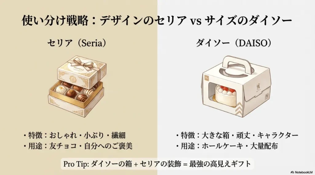 デザインのセリア、サイズのダイソーという特徴比較と、両者を組み合わせた高見えギフトの提案