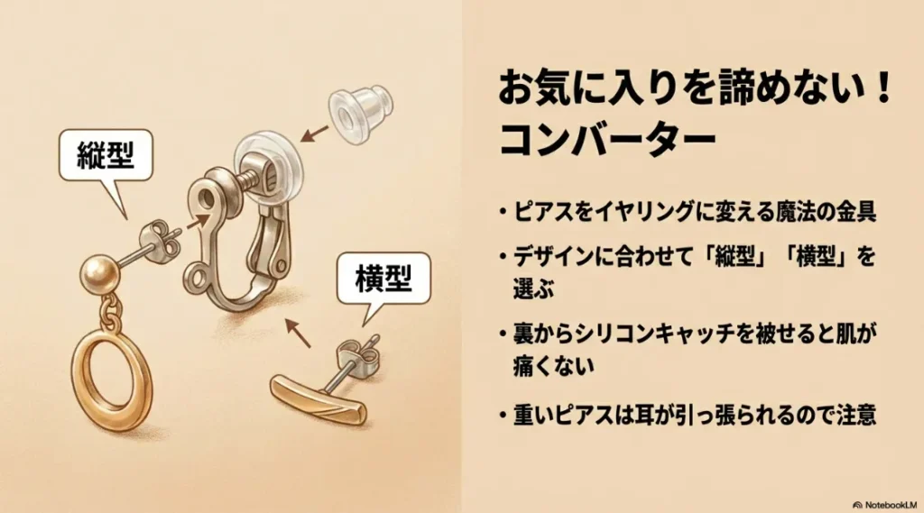 縦型・横型のイヤリングコンバーターの図解と、シリコンキャッチ併用のコツを記したスライド