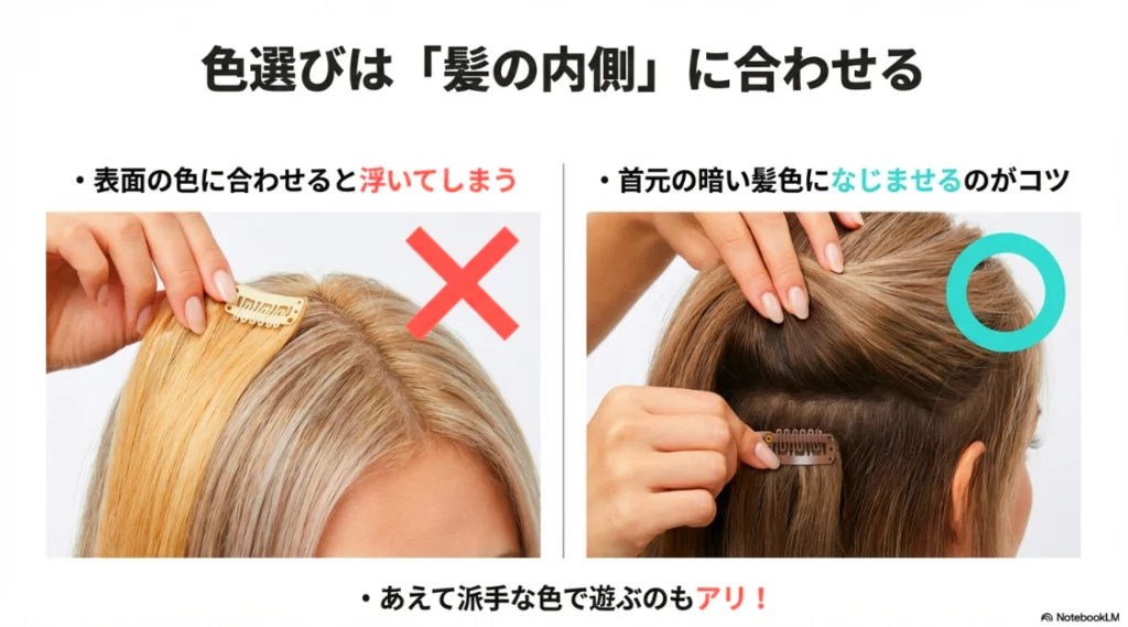 地毛の表面ではなく内側の色に合わせてエクステを選ぶコツを解説した比較画像