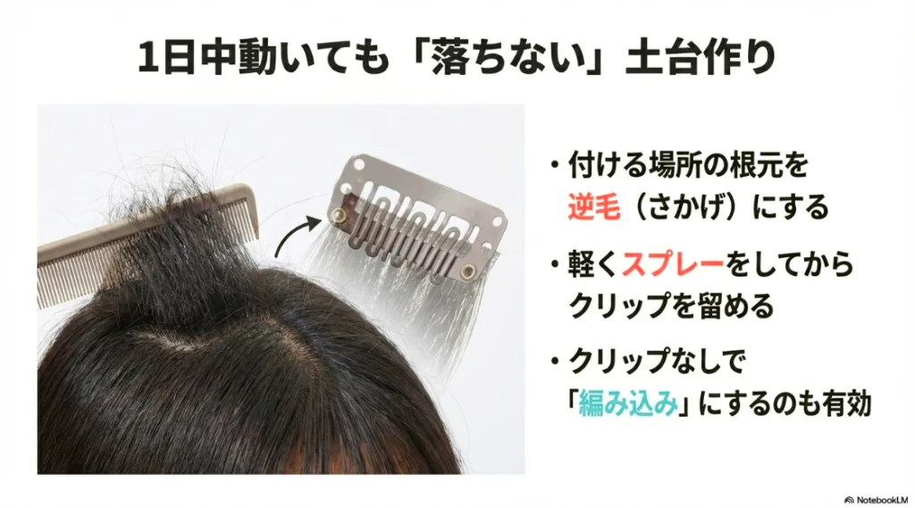 髪の根元を逆毛にしてスプレーで固定する、エクステが落ちないための装着テクニック