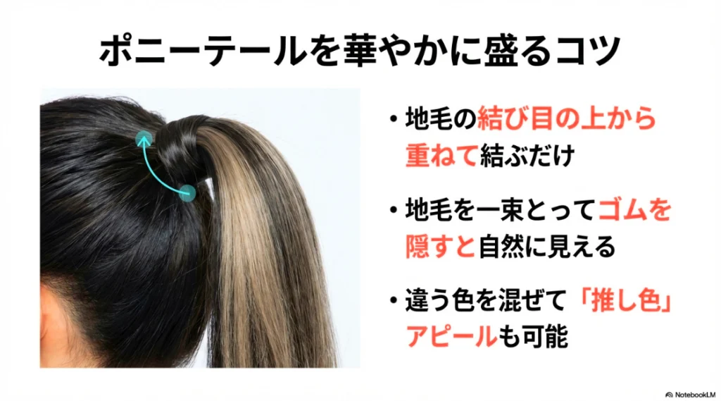 地毛の結び目の上からエクステを重ね、自毛でゴムを隠して自然に見せるアレンジ術