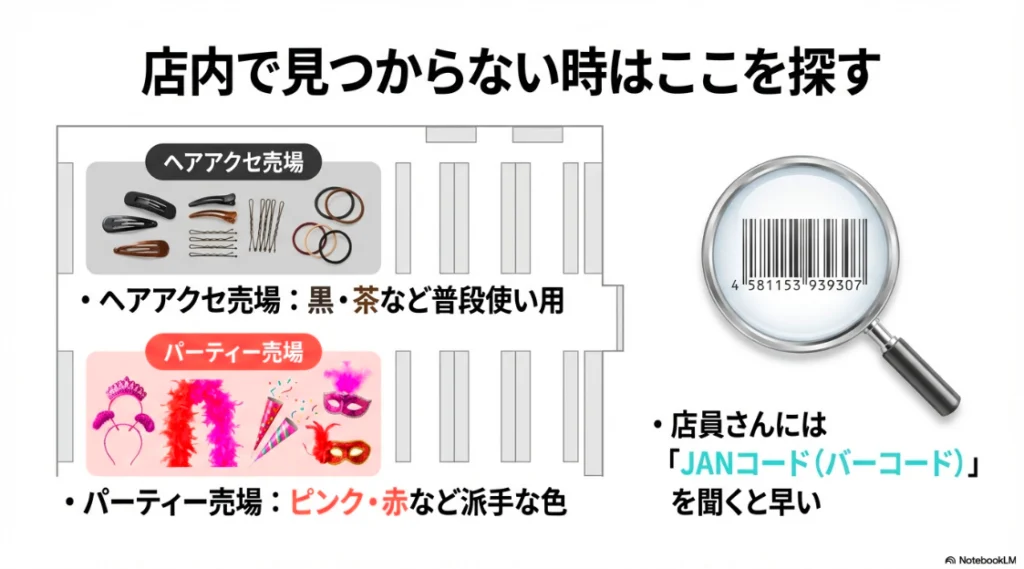 ヘアアクセ売場とパーティー売場の使い分けと、店員さんへの確認に便利なJANコードの紹介