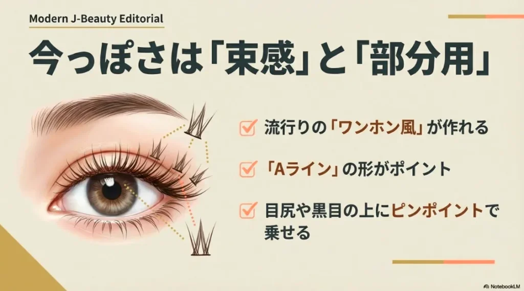 ワンホン風メイクに最適なAラインの部分用まつげを目尻や黒目の上に乗せるポイント