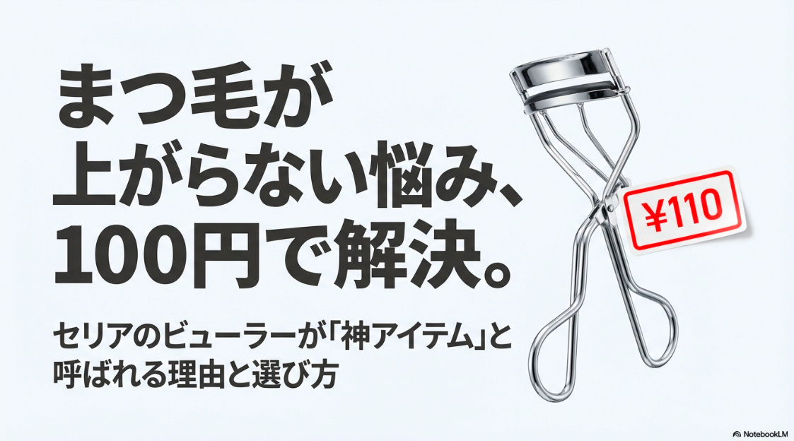 まつ毛が上がらない悩みを100円で解決すると紹介する、セリアのビューラーの紹介スライド。価格は110円