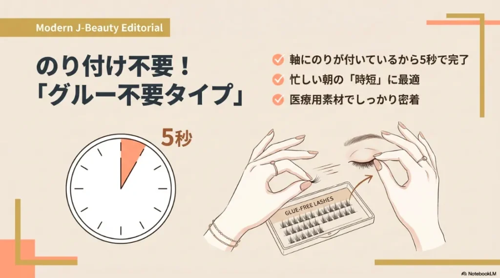 軸にあらかじめのりが付いており、忙しい朝の時短に最適な医療用素材のつけまつげ