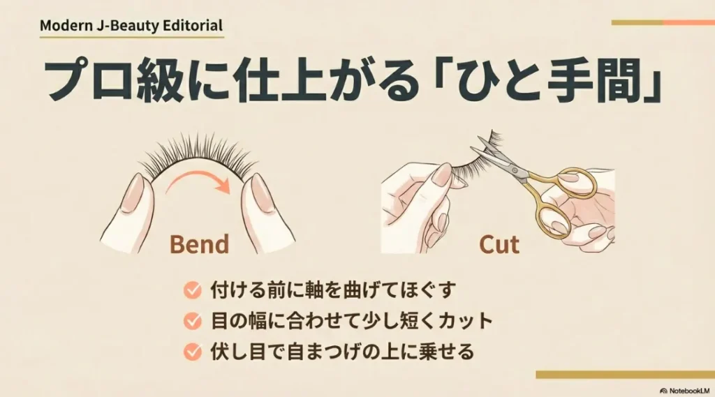 装着前に軸を曲げてほぐし、目の幅に合わせてカットして伏し目で乗せるテクニック