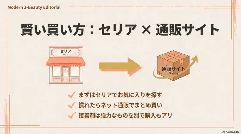 まずセリアでお気に入りを探し、慣れたらネット通販でまとめ買いする賢い購入フロー