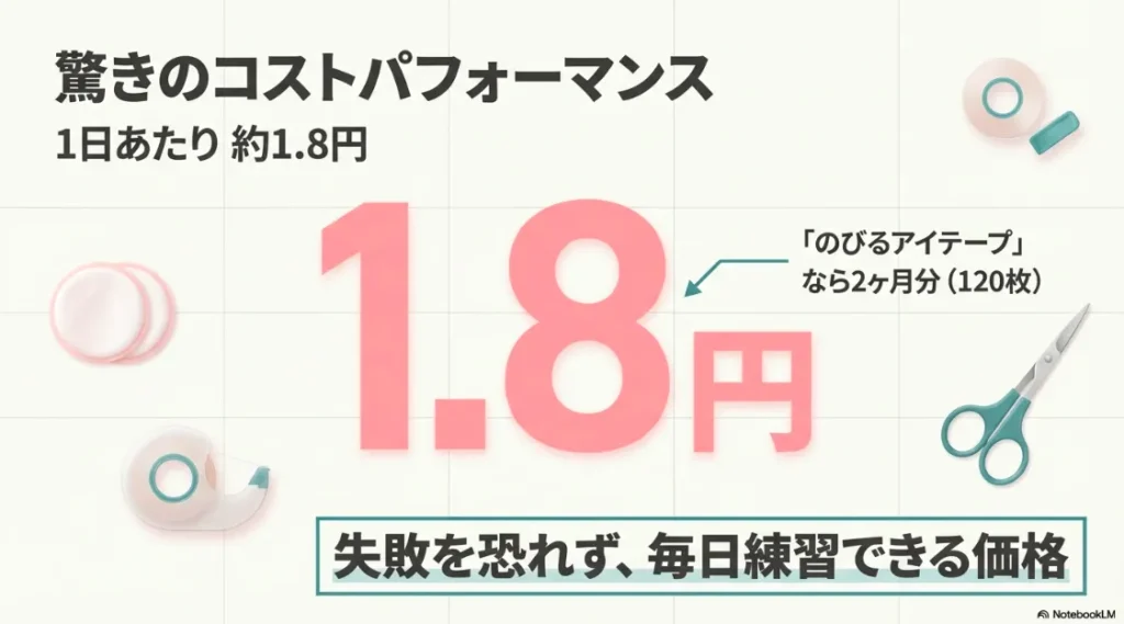 のびるアイテープなら1日約1.8円で2ヶ月分使え、失敗を恐れず練習できる価格の紹介