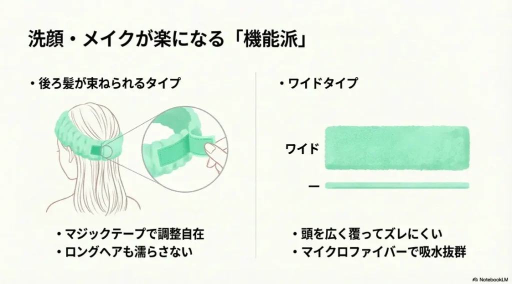 マジックテープ調整やマイクロファイバー吸水など、機能性を重視したワイドタイプの解説