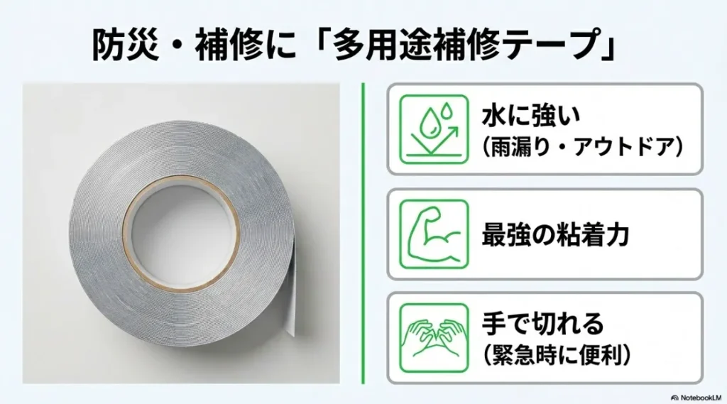 水に強く最強の粘着力を持つセリアの多用途補修テープ(防災・アウトドア用)