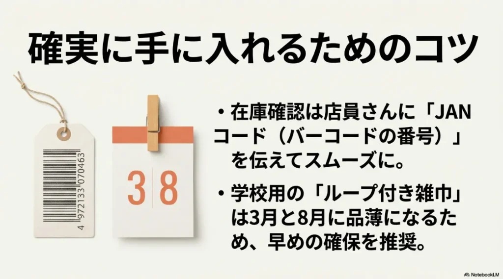 JANコードでの在庫確認法と学校用ループ付き雑巾の品薄時期（3月・8月）の注意点