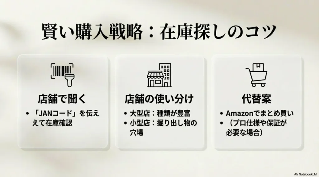 JANコードによる在庫確認、店舗の使い分け、Amazonでのまとめ買いなど、賢い購入戦略のまとめ