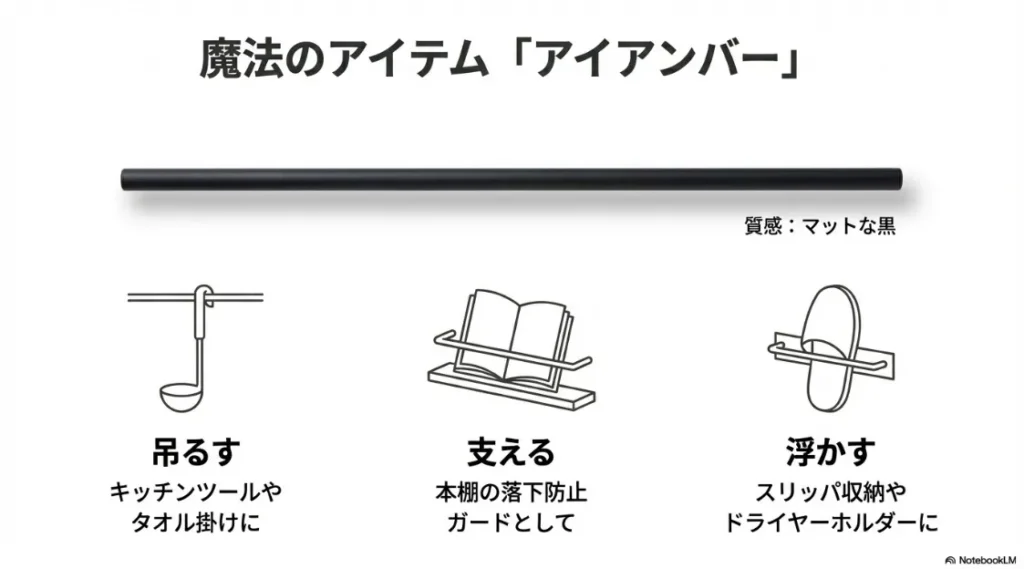 アイアンバーを使ったキッチンツールの吊るす収納、本の落下防止、スリッパの浮かす収納のイラスト解説