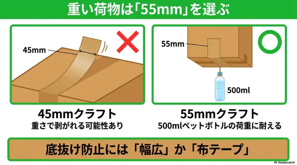 45mm幅と55mm幅のクラフトテープ粘着力比較:重い荷物には55mmが推奨される理由