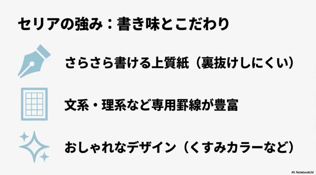 セリアの上質紙や豊富な罫線、くすみカラーのデザインについての紹介スライド