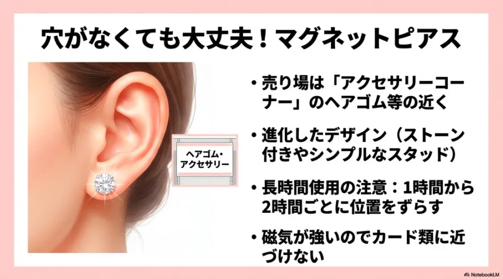 セリアのマグネットピアスの売り場情報と、磁気や肌への注意点をまとめた解説スライド