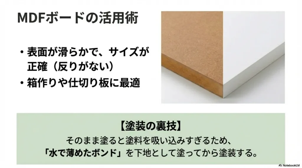 反りがなく正確なサイズのMDFボードと、塗装前に水で薄めたボンドを下塗りするテクニックの紹介