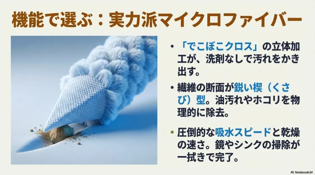 立体加工と楔（くさび）型繊維が油汚れやホコリを物理的に除去する仕組み