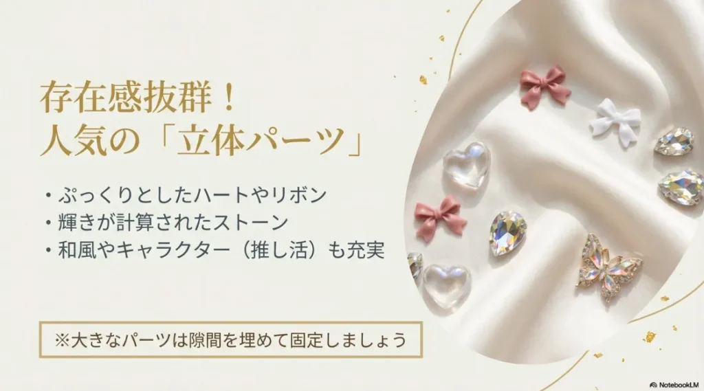 ハートやリボンなどの立体パーツ紹介と隙間を埋めて固定するコツ