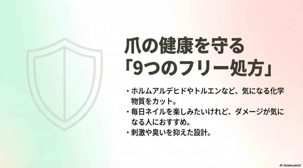 ホルムアルデヒドやトルエンなど、気になる化学物質をカットした「爪の健康を守る9つのフリー処方」を解説するスライド