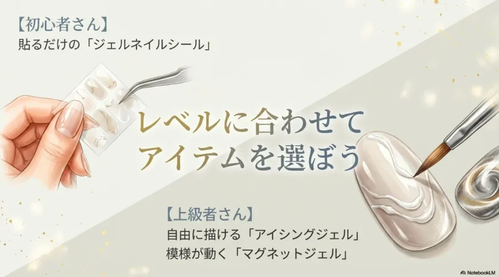 初心者向けのシールと上級者向けのアイシング・マグネットジェルの比較