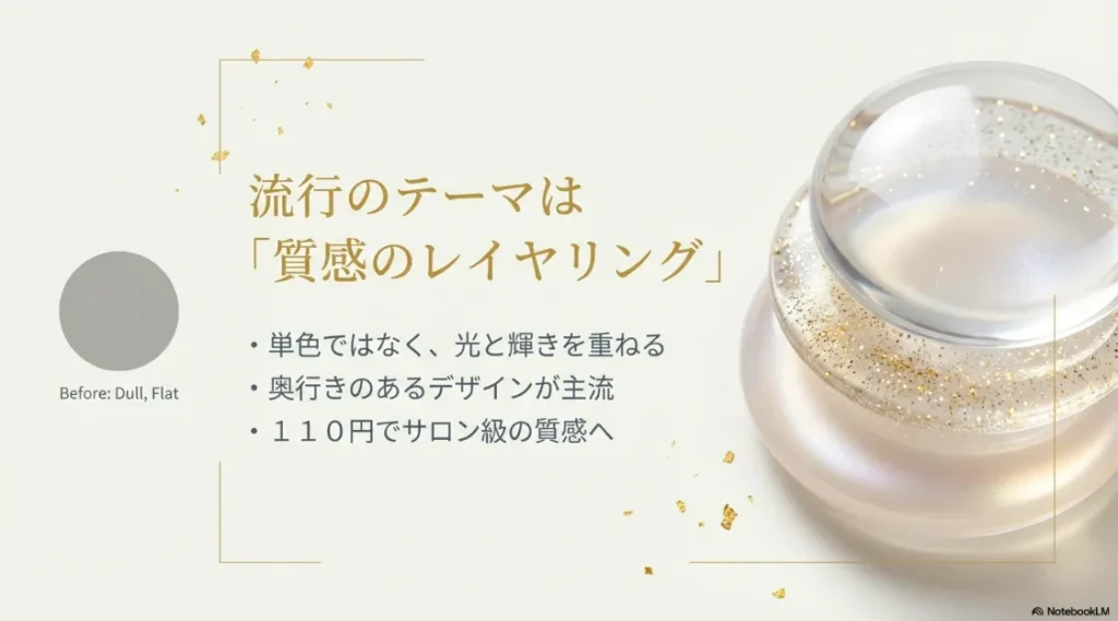 単色ではなく光と輝きを重ねる「質感のレイヤリング」の解説スライド