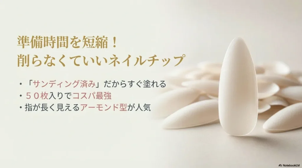 削る手間が省ける50枚入りのサンディング済みアーモンド型ネイルチップ