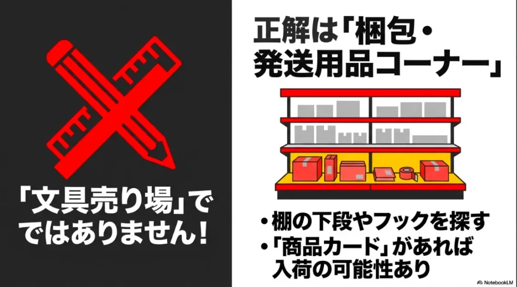 セリアの梱包・発送用品コーナーの棚イラスト。文房具売り場ではなく、棚の下段やフック、商品カードの有無を確認することを推奨している