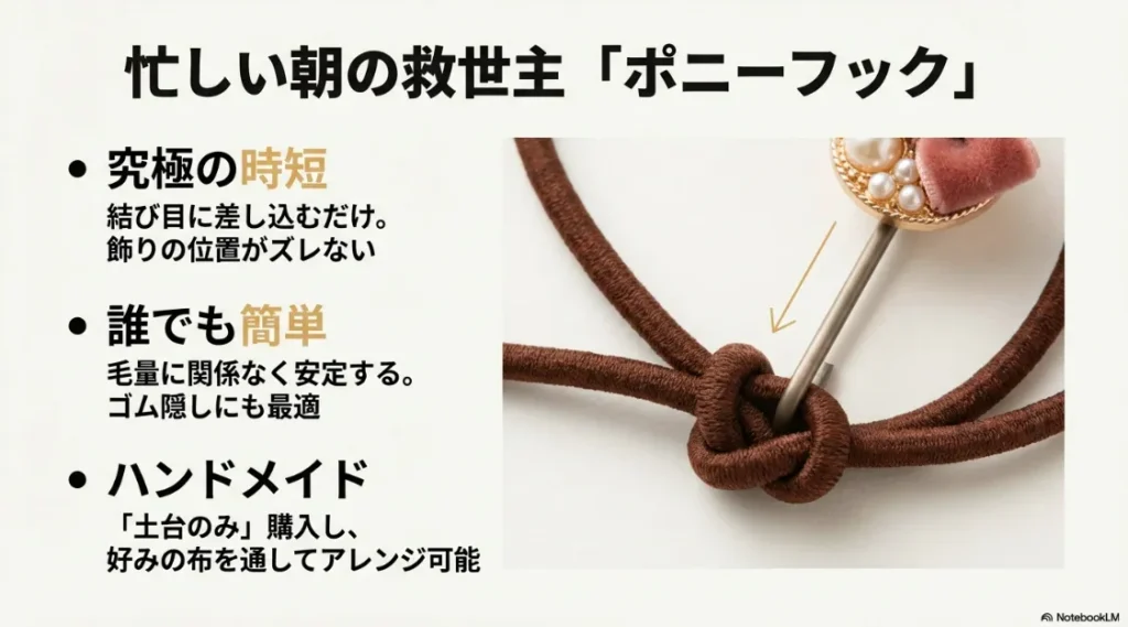 ヘアゴムの結び目に差し込むだけのポニーフック。時短、安定、ハンドメイド可能な土台の紹介