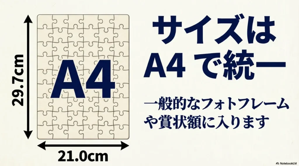 サイズはA4(29.7cm×21.0cm)で統一。フォトフレーム対応