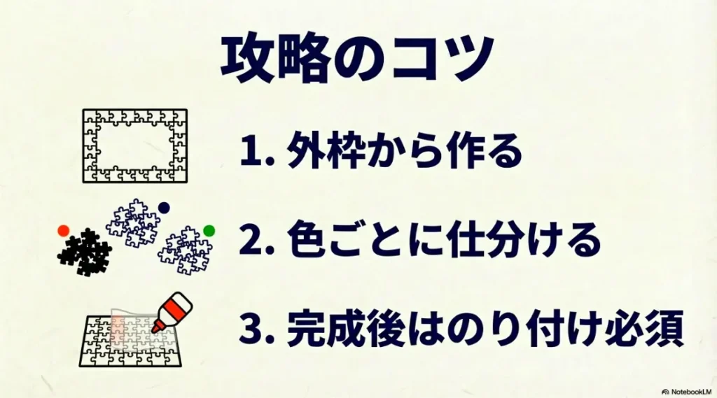 外枠から作る、色ごとに分ける、完成後ののり付け必須
