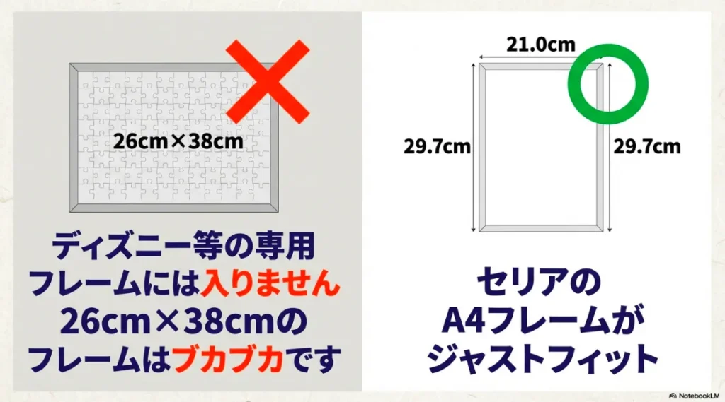 専用フレーム($26cm\times38cm$)には不適合。A4フレームが最適