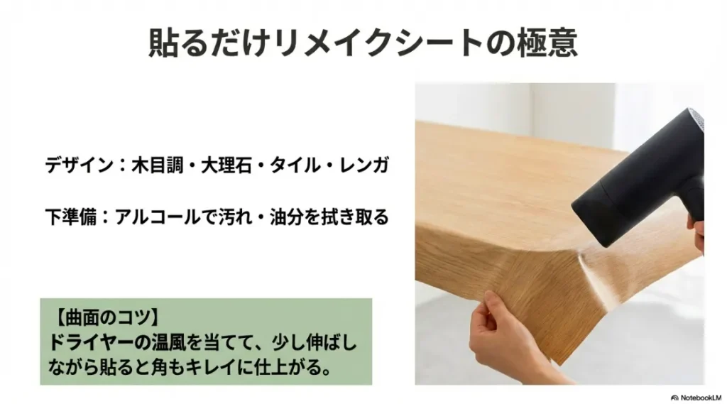 木目調リメイクシートを貼り付ける際、ドライヤーの温風で伸ばしながら角を仕上げる様子