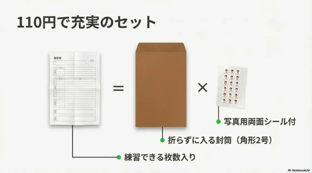 履歴書、角形2号封筒、写真用両面シール、練習用枚数が入った110円の充実セット