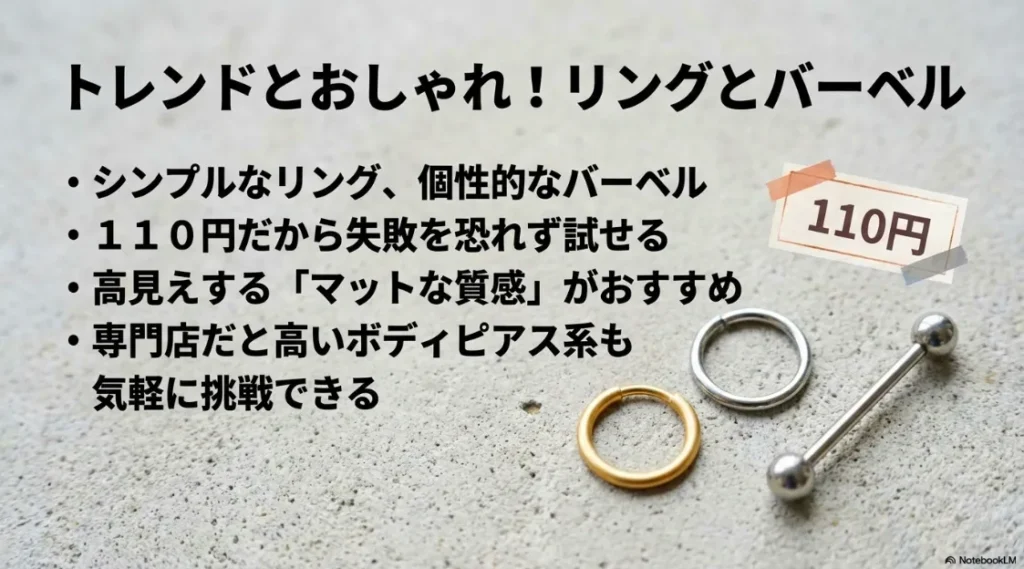セリアで110円で購入できるマットな質感のリングピアスやボディピアスの紹介スライド