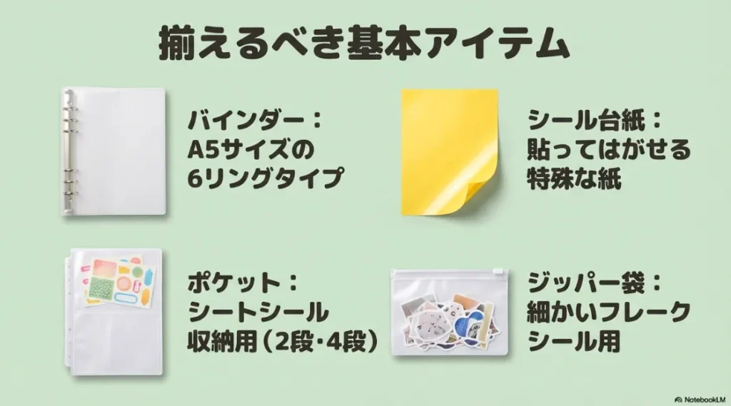 A5バインダー、貼ってはがせるシール台紙、ポケットリフィル、ジッパー袋等のアイテム一覧