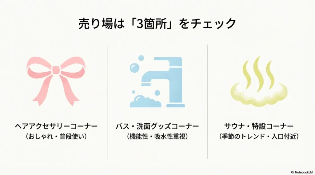 ヘアアクセ、バス・洗面、サウナ特設コーナーの3箇所を確認するよう促す解説図