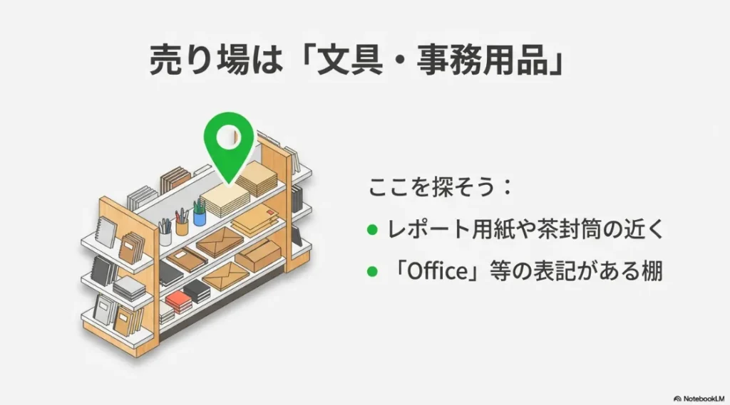 セリアの文具・事務用品コーナーにある履歴書売り場のイラストガイド